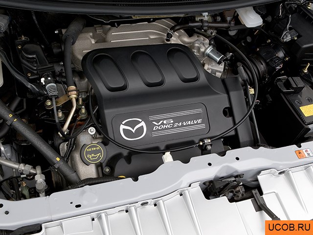 Minivan 2005 года Mazda MPV в 3D. Моторный отсек.
