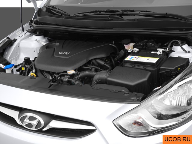 Hatchback 2012 года Hyundai Accent в 3D. Моторный отсек.