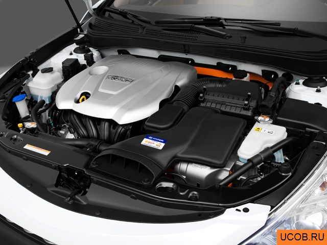 Sedan 2013 года Hyundai Sonata Hybrid в 3D. Моторный отсек.