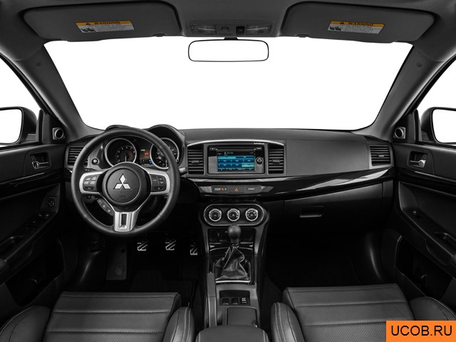 Sedan 2014 года Mitsubishi Lancer Evolution в 3D. Вид водительского места.